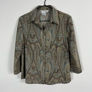 Fred David Petite Beige and Blue Paisley Blouse Elbow Sleeve Sz PM